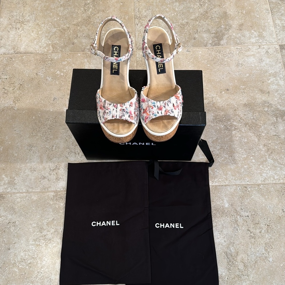 Chanel Cotton Tweed Wedge Sandal